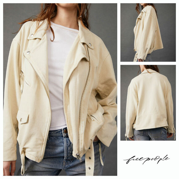 Free People We The Free Rebel Knit Moto Jacket Oversized Belt Vanilla Cream XS